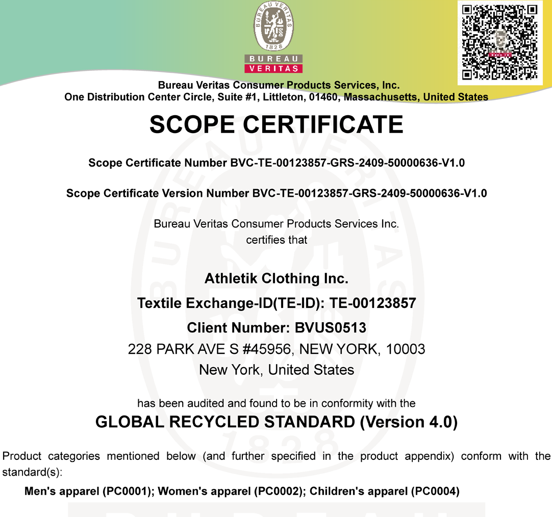 GRS Certificate - Athletik Clothing Inc.